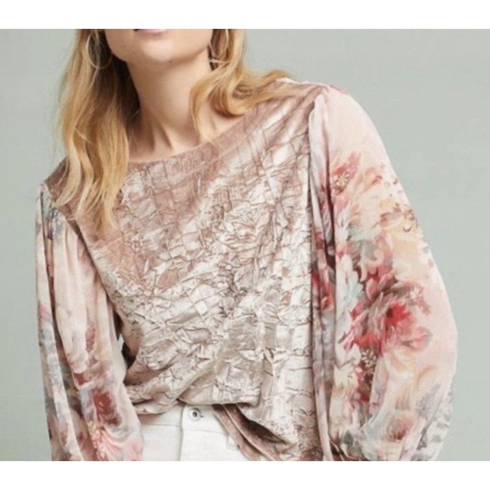 Anthropologie Meadow Rue Top Women XSP Pink Crushed Velvet Floral Sheer Boho